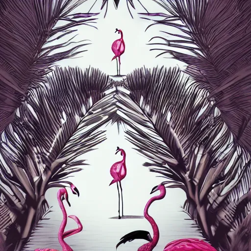 Image similar to A surreal comic noir illustration containing Dita Von Teese and Flamingos on a desert beach oasis by Salvador Dali, dark vibes, high contrast, pastel lighting, cinematic, depth of field, 8k