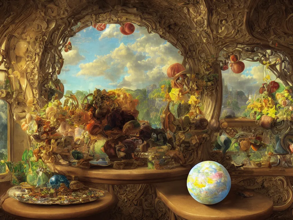 Image similar to 3 d render, sunlight study, the universe is a spheroid region 7 0 5 meters in diameter, art nouveau, by cornelis de heem and ( ( ( ( ( lisa frank ) ) ) ) ), 8 k, sharp focus, octane render