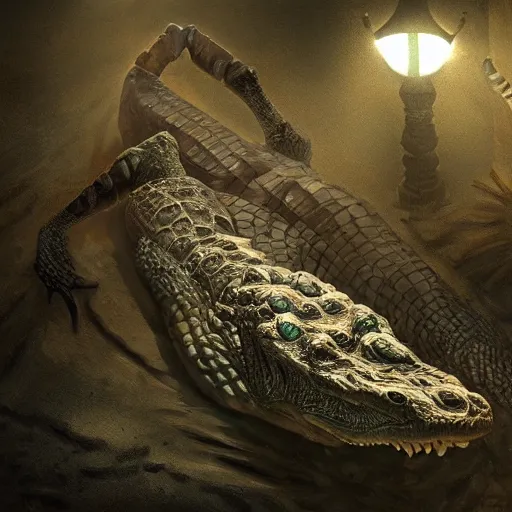 Image similar to a ( mummy ) crocodile, fantasy art, cinematic lighting