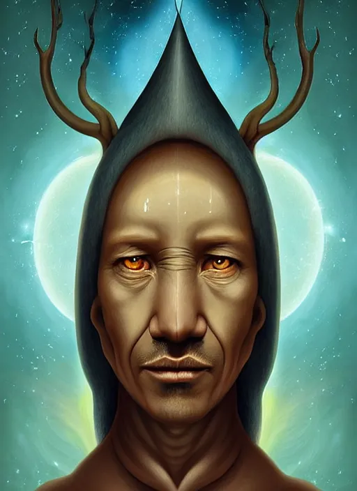 Prompt: matte symmetrical portrait of a wizard of the khoisan tribe revealing the ancient secret of how life entered the cosmos, noble bearing. by hieronymus bosch, cyril rolando, esher and natalie shau, whimsical, profound, impossible. trending on devaintart.