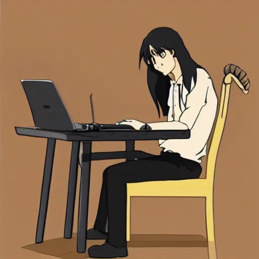 Prompt: tanned guy with long black hair using a laptop, art by hayao miyazaki, studio ghibli film