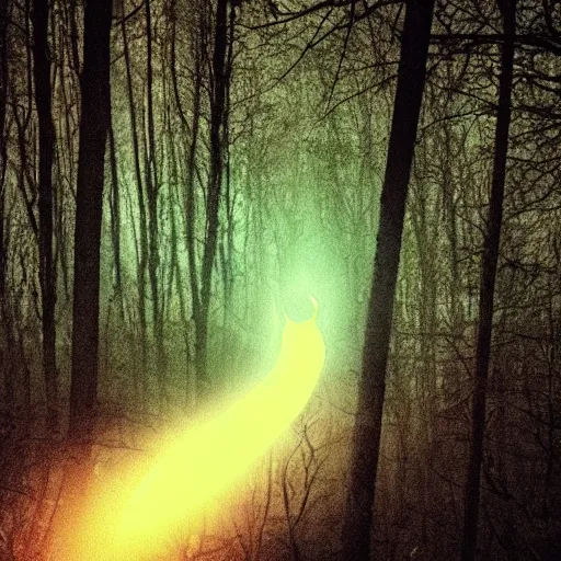 Image similar to grainy trail cam photo still of an alien in the woods at night hiding in the trees of a forest