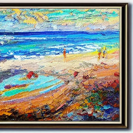 Prompt: a beach in western australia, modern, impressionist, highly textured landscape, palette knife, layered, sculptured, dynamic, acrylic paint on canvas