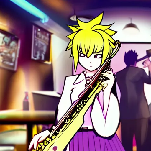 Prompt: danganronpa chiaki nanami playing the saxophone on stage in a low lit jazz bar,