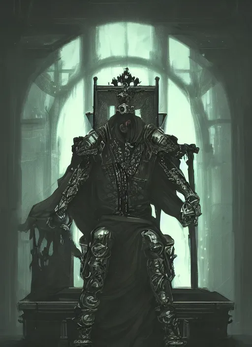 Image similar to a portrait of an old king on the throne, cyberpunk, grim - lighting, high - contrast, intricate, elegant, highly detailed, digital painting, artstation, concept art, smooth, sharp focus, illustration