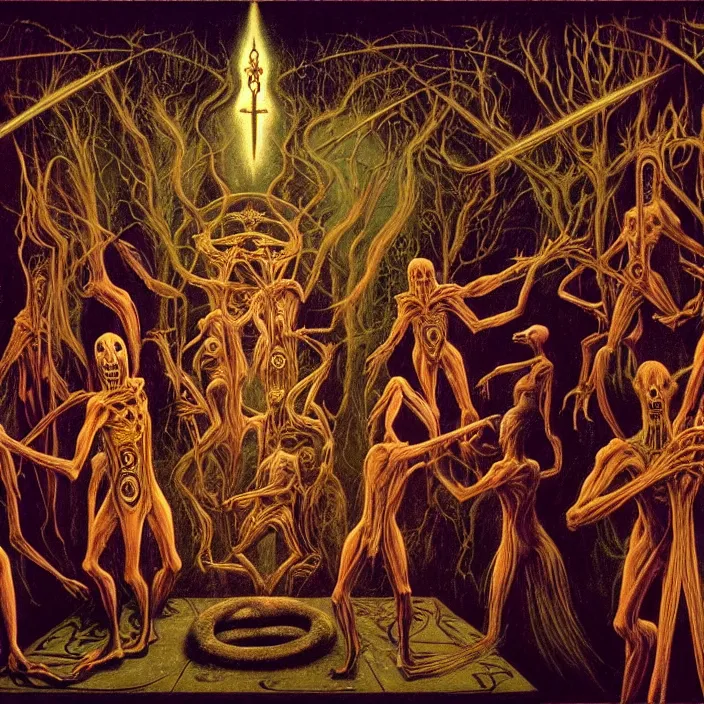 Prompt: cinematic image of an occult esoteric pagan ritual in ahaunted house, by Francis Bacon, by Ivan Bilibin, by Alex Grey, features, robotic enhancements, desaturated, Tim Hildebrandt, Wayne Barlowe, Bruce Pennington, donato giancola, larry elmore, oil on canvas, masterpiece, trending on artstation, featured on pixiv, cinematic composition, dramatic pose, beautiful lighting, sharp, details, hyper-detailed, HD, HDR, 4K, 8K