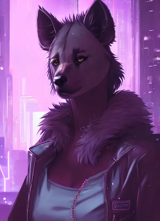 Image similar to beautiful portrait commission of a female furry anthro hyena fursona wearing a police uniform. Cyberpunk city at night in the rain. Neon light. Atmospheric. Character design by charlie bowater, ross tran, artgerm, and makoto shinkai, detailed, inked, western comic book art