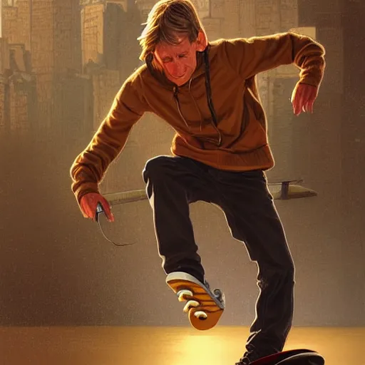 Image similar to clear portrait of tony hawk holding a skateboard, golden hour background, cottagecore!!, hyper detailed, character concept, full body, dynamic pose, intricate, elegant, highly detailed, digital painting, artstation, concept art, smooth, sharp focus, illustration, art by artgerm and greg rutkowski and alphonse mucha