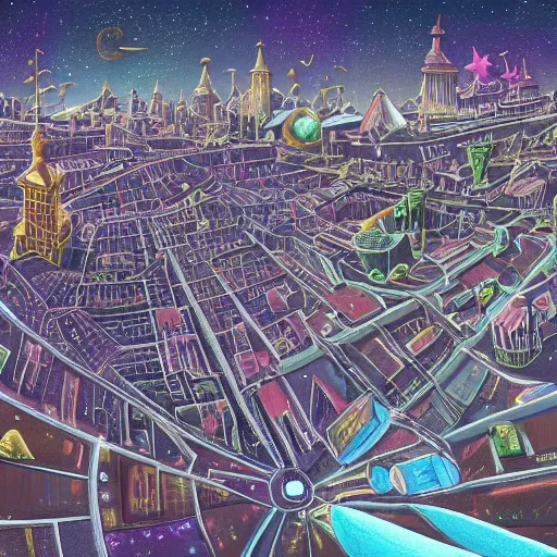 Prompt: a vast city floating in space. The city is in the centre of the frame. Crooked streets and towers with flying ships docked around the edge. In the background there is a field of stars. Extremely detailed digital painting. Crisp details.