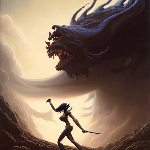 Image similar to highly detailed painting of sasha grey fighting a looming demigod, dramatic, sense of scale, stephen bliss, unreal engine, greg rutkowski, ilya kuvshinov, ross draws, hyung tae and frank frazetta, tom bagshaw, tom whalen, nicoletta ceccoli, mark ryden, earl norem, global illumination, god rays, windswept