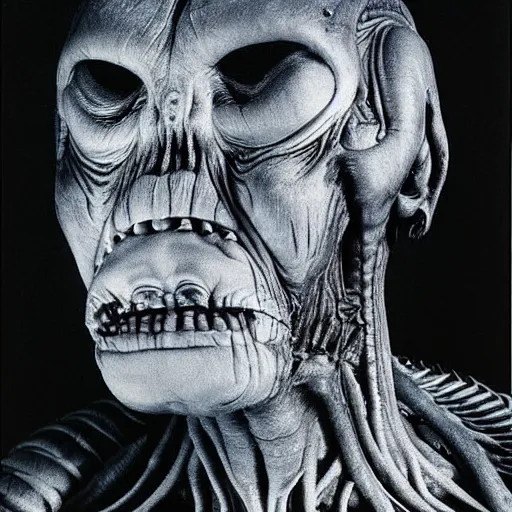 Image similar to portrait-photograph of an alien by H R Giger ::