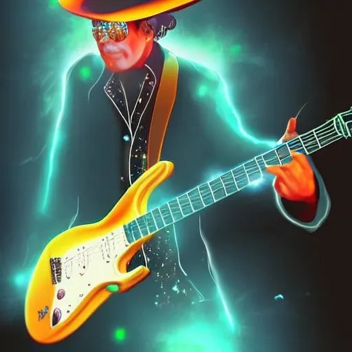 Image similar to a Stevie Ray Vaughn guitarist playing so intensely there is electricity shooting out from his guitar, energy beams under his finger tips, and magic sparkles from the freboard, amazing ditial art, trending on artstation, featured on deviantart