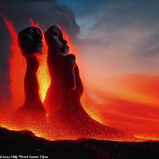 Prompt: a red sky and molten ground landscape, easter island heads are sinking in to the ground crumbling and seems to be fighting a storm or volcano