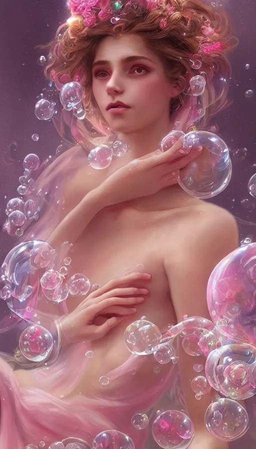 Image similar to portrait of magical dream goddess, ethereal, expressive pose, pink eyes, peaceful expression, ornate frilly dress, fantasy, intricate, elegant, many rainbow bubbles, highly detailed, digital painting, artstation, concept art, smooth, sharp focus, illustration, art by artgerm and greg rutkowski and alphonse mucha