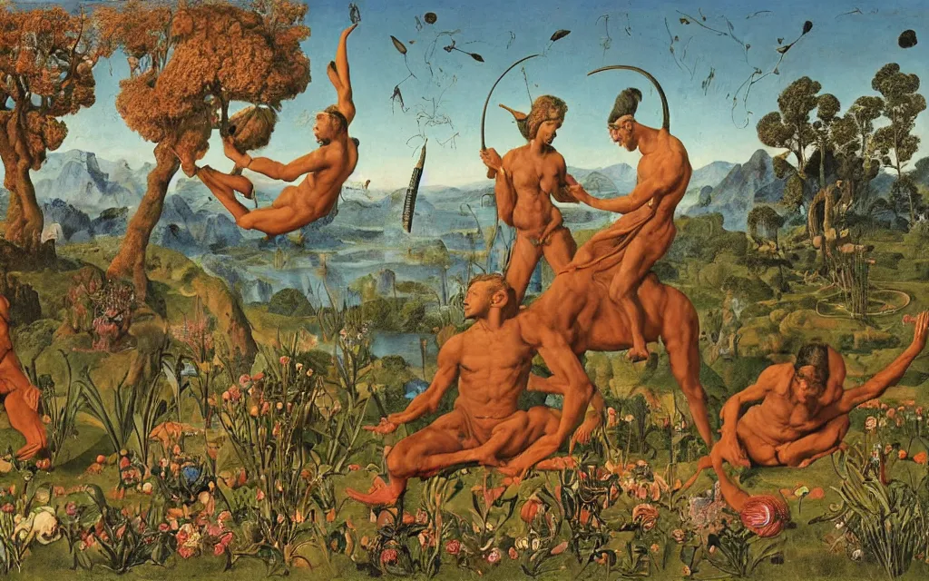 Image similar to a portrait photograph of a meditating satyr and a centaur monk riding a rocket machine and hunting at a river delta. surrounded by bulbous flowers and trees. mountain range under a blue sky of fiery stars. by jan van eyck, max ernst, ernst haeckel, ernst fuchs and artgerm, cgsociety, fashion editorial, 8 k