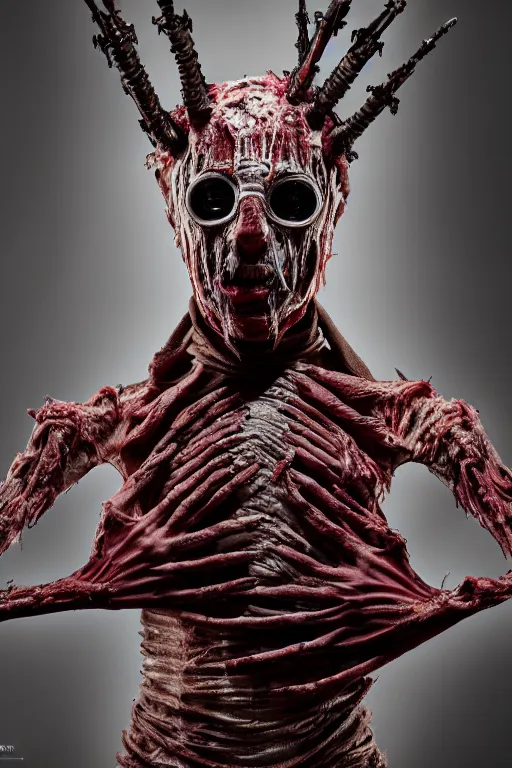 Image similar to dressed senobith, symmetrical, cinematic, elegant, dark atmosphere, professional studio light, real dlsr photography, costume made by clive barker, real rotten flesh and blood, 4 k, ultra hd, sense of awe