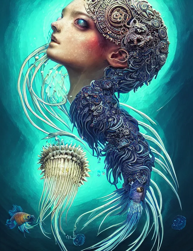 Image similar to goddess macro shouler portrait from bottom to top in crown made of ram skull. betta fish, jellyfish phoenix, bioluminiscent, plasma, ice, water, wind, creature, super intricate ornaments artwork by tooth wu and wlop and alena aenami and greg rutkowski