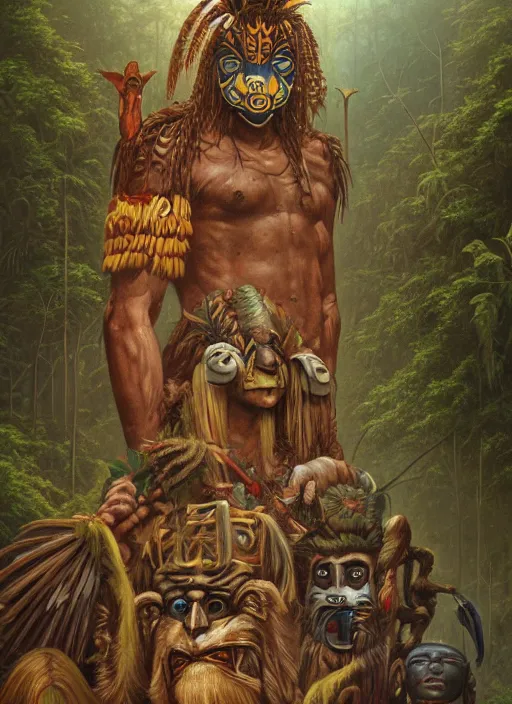 Image similar to a totem in the jungle representing amazonian shamanic tradition, tribal masks, totem, hyper detailed, art by christophe vacher