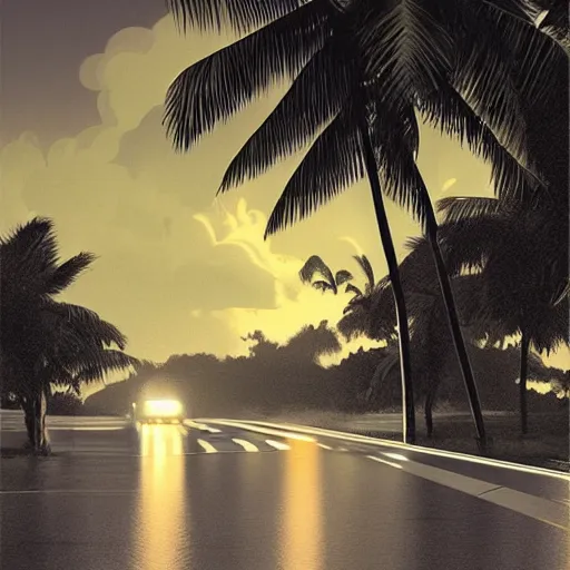 Image similar to dimly lit wavy road at night after rain that leads to a small cozy beach surrounded by palm trees, shot from sky, desaturated, photorealistic, beautiful, sharp, highly detailed, artstation, pixvy, syd mead, scott robertson