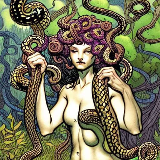 Prompt: A cute little medusa with snakes in your head collecting flowers in the forest. Absurdly-detailed fantasy character illustration by Rebecca Guay and Wayne Reynolds