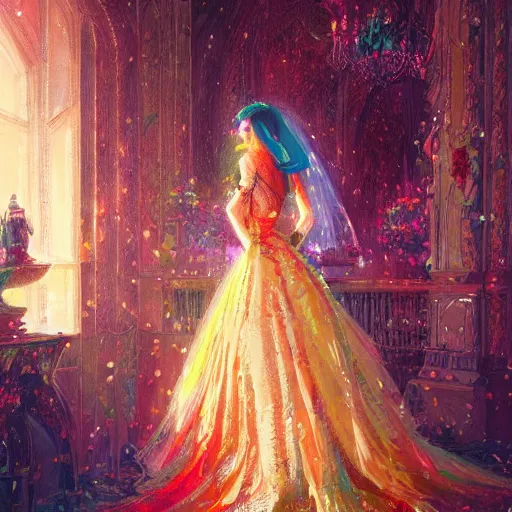 Image similar to colorful illustration of lady at a wedding, intricate complexity, by greg rutkowski,. 4 k, beautiful, cinematic dramatic atmosphere