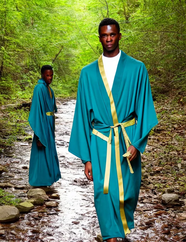 Image similar to longshot modern intricate textile ancient roman toga cloak nature african american walking along small creek river in the woods marc jacobs gucci blue - green robes gold design