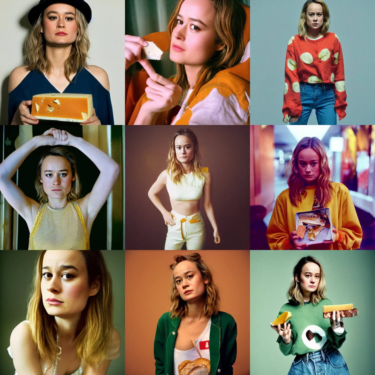 Prompt: brie larson as brie cheese, portrait photography, cheese outfit, cinestill 8 0 0 t, highly detailed