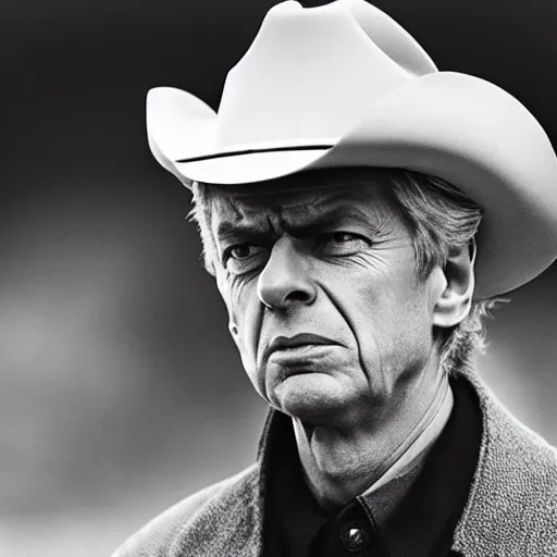 Prompt: Arsene Wenger as a Cowboy, epic quality, sharp focus, western, movie still, 8k, yellow tint, dramatic,