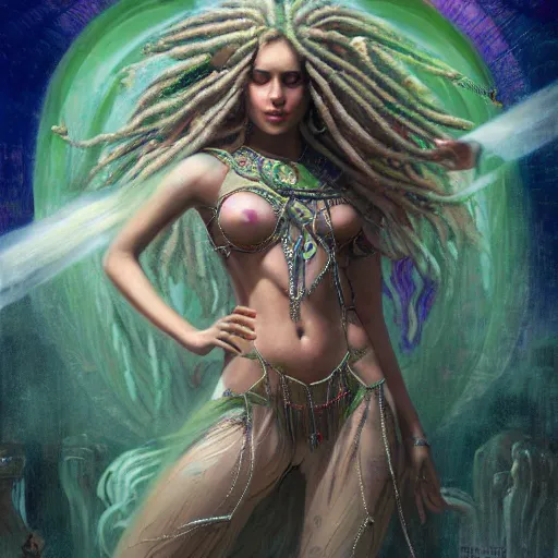 Image similar to sumerian goddess inanna ishtar, ashteroth, techno mystic goddess princess intergalactica, with aqua neon rapunzel dreadlocks, mami wata, atlantis, seapunk, detailed, by gaston bussiere, bayard wu, greg rutkowski, giger, maxim verehin, greg rutkowski, masterpiece, sharp focus,