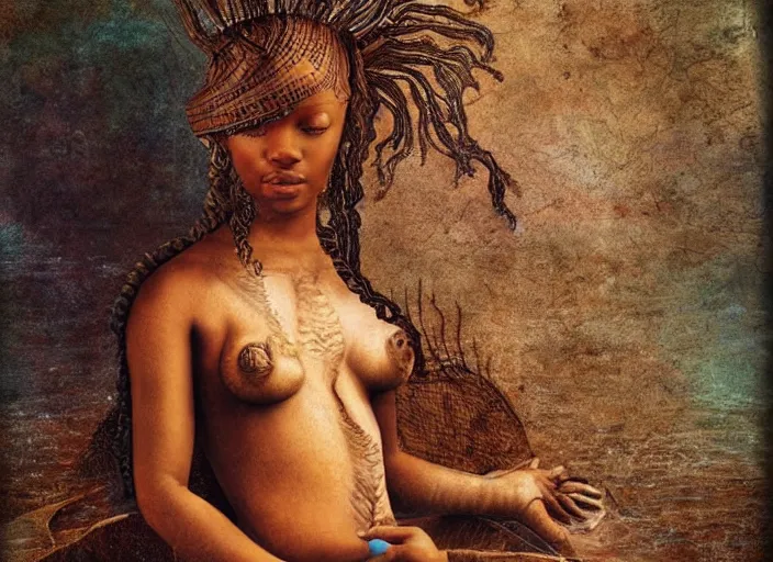 Image similar to full body painting on an african mermaid, by leonardo davinci, highly detailed, smooth, digital painting, sharp focus, intricate, symmetry, masterpiece work of art, art station,