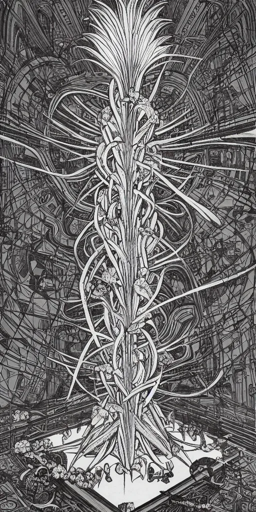 Prompt: colossal Beelzebub flower in the middle of post soviet constructivist cityscape, Stalinist architecture, brutalist architecture, ultradetailed, Intricate by James Jean and H.R. Giger