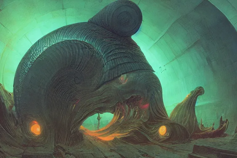 Prompt: angry, screaming nautilus made of neon light volumetric lighting, by caspar david friedrich and wayne barlowe and ted nasmith