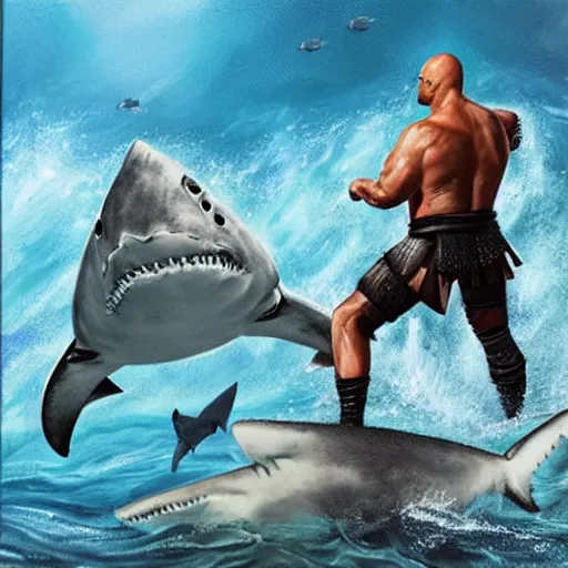 Prompt: dwayne johnson in armor fighting a shark, painted