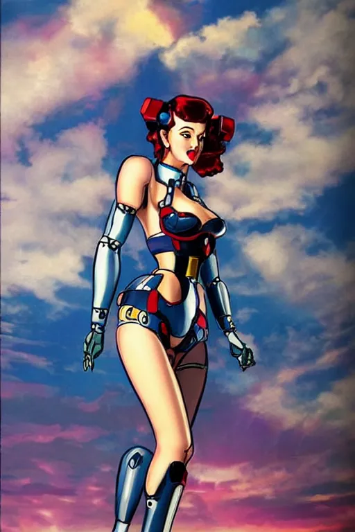 Prompt: full body cyberpunk beautiful woman, on a gundam, in the style of a 1 9 5 0 s oil painted pin - up