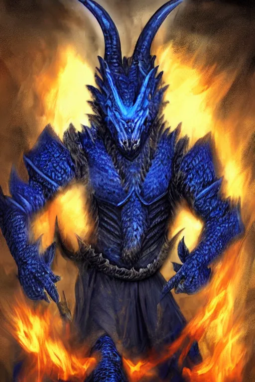 Image similar to a dark blue dragonborn with large tusks, half of his face flaming with blue flame, he wears a black dragon scales armor, digital art