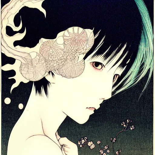 Image similar to prompt: Fragile looking soft light portrait face drawn by Takato Yamamoto and Katsuhiro Otomo, inspired by Ghost in Shell anime, magical and alchemical objects on the side, soft light, monochrome background, intricate detail, intricate ink painting detail, sharp high detail, manga and anime 2000