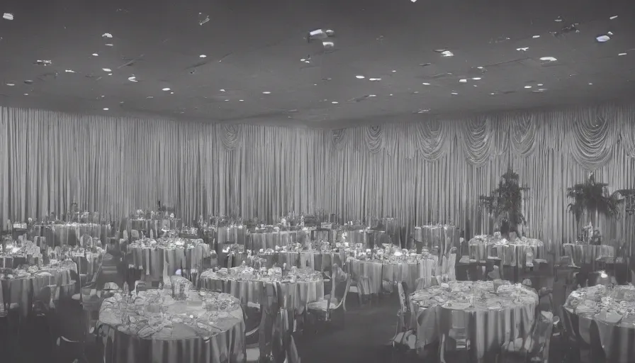 Image similar to 70s movie still of a ballroom with a high ceiling , cinestill 800t Technicolor, heavy grain, high quality, criterion collection, liminal space style