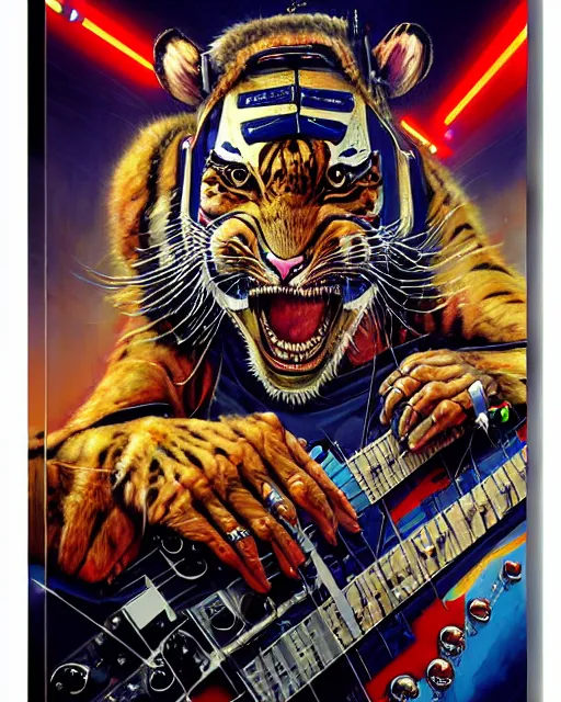 Image similar to a portrait of an anthropomorphic cyberpunk roaring tiger shredding an electric guitar as the guitar melts by sandra chevrier, by jon foster, detailed render, tape deck, epic composition, cybernetics, 4 k realistic, cryengine, realistic shaded lighting, sharp focus, masterpiece, by enki bilal