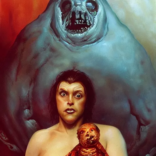 Prompt: big eyes wide open, horrific sentient meatloaf, holding meatloaf, sloppy, gross, meatloaf, hyper realistic, terrifying, disturbing, strange, bizarre, masterpiece, 4 k, vivid colors, elegant, highly detailed, john park, frazetta, john howe, ruan jia, jeffrey catherine jones