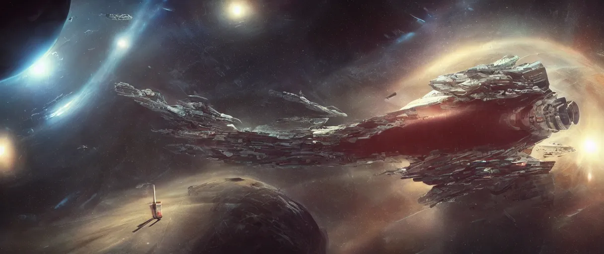 Prompt: concept art, ONE exploration spaceship drifting in space, the expanse tv series, industrial design, immensity, spatial phenomenon, space debris, cinematic lighting, low contrast, low saturation, 4k, greebles, widescreen ratio, wide angle, beksinski, sharp shapes, maximalist, film grain