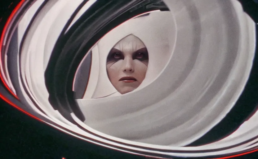 Image similar to screenshot portrait of female sith lord, on a planet of maelstrom, chaos, the world without form and void, 1970s film by Stanley Kubrick, iconic scene, HR Geiger design, stunning cinematography, hyper-detailed, sharp, anamorphic lenses, kodak color, 4k, stunning