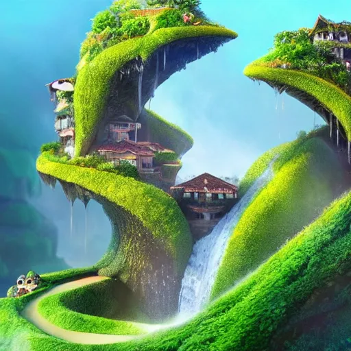 Prompt: waterfall village shaped like a frog, by benoit mandelbrot, filip hodas, vincent callebaut, mike campau and studio ghibli