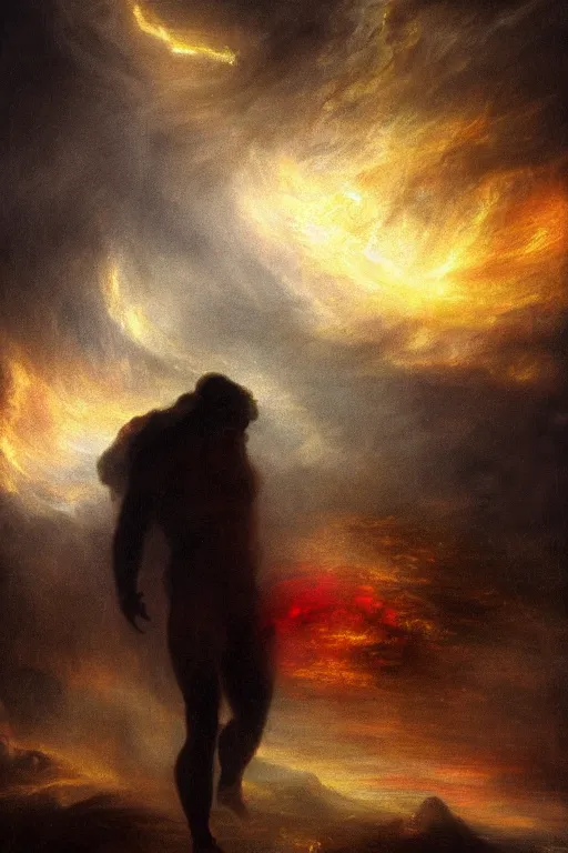 Image similar to a hulking human male silhouette in the darkness, his eyes glowing red, roiling stormclouds overhead,. atomospheric, artgerm, in the style of turner, high detail, 8 k resolution,