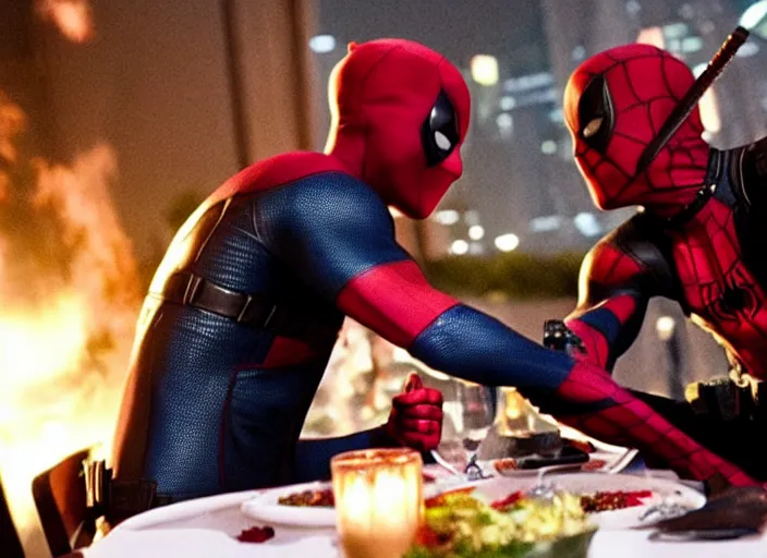 Image similar to film still of Deadpool and Spiderman having a romantic dinner in the new Spiderman movie, 4k