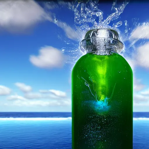 Image similar to surreal 3 d art of a human head in a bottle, on the ocean water, futuristic, glowing, hyper realistic, ray tracing, realistic water splashes, sharp focus, long shot, 8 k resolution, cinematic, photoshop art