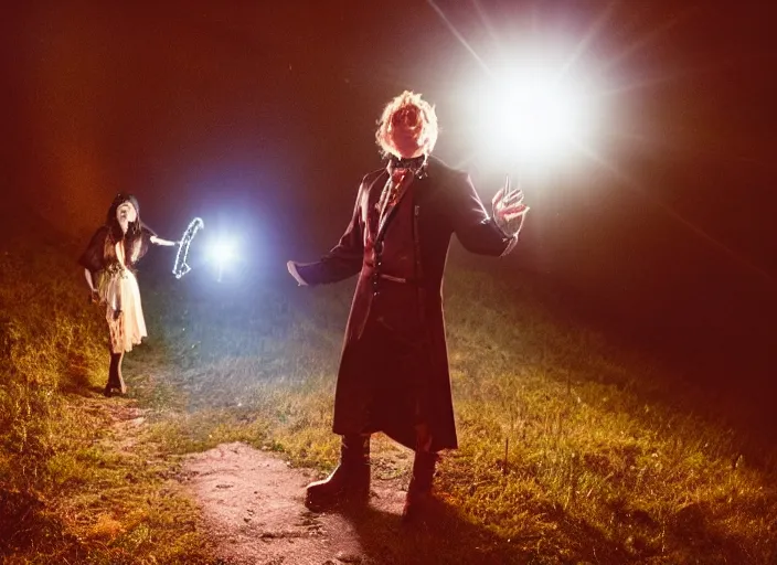Image similar to a very very good looking detailed fantasy sorcerer wearing amazing clothes ejects a blast of magic energy from their hands!! dramatically on an empty moonlit hill, dramatic lighting, lens flare, 3 5 mm full frame professional photography, kodak ektar