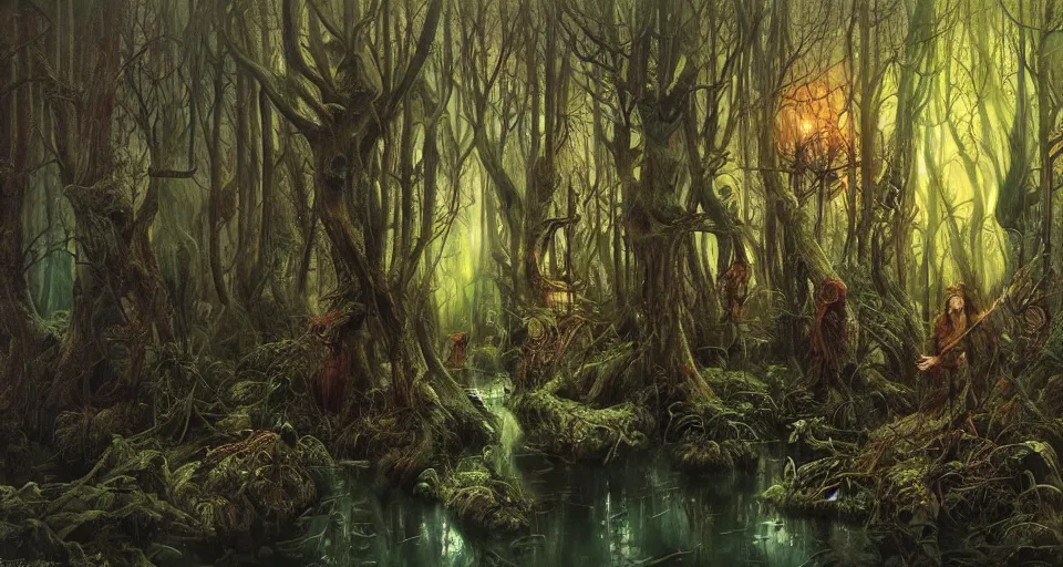 Image similar to A dense and dark enchanted forest with a swamp, by Karol Bak