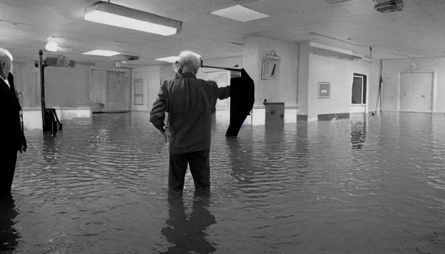 Image similar to 7 0 s movie still of an old man standing in a soviet ballroom flooded in mud, cinestill 8 0 0 t 3 5 mm eastmancolor, heavy grain, high quality, high detail