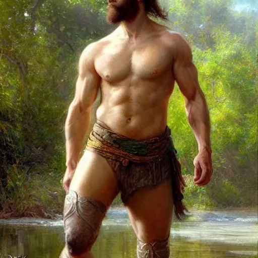 Image similar to young warrior by a river, playful, male, muscular, green eyes!!!!, straight nose!!!!!, beard, detailed face, thighs!!!!! gorgeous, amazing, muscular, intricate, highly detailed, painting by Gaston Bussiere, Craig Mullins