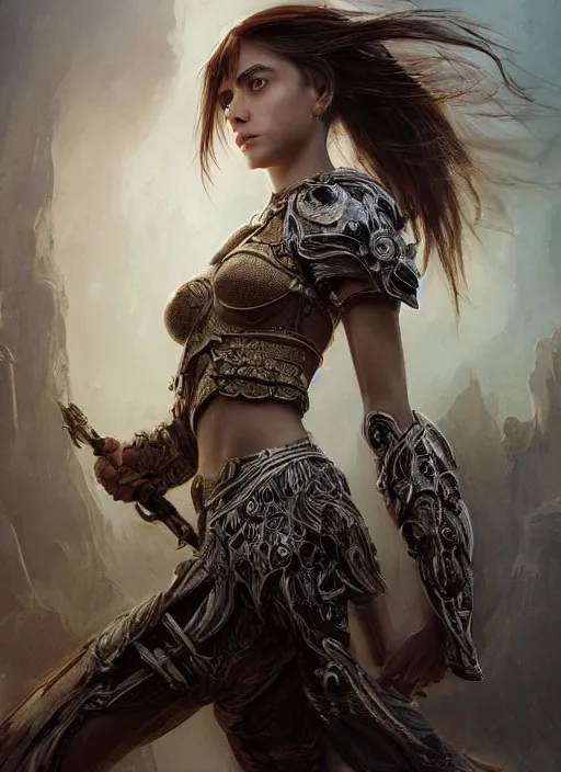 Image similar to a professional portrait of a beautiful young female, clothed in ethereal battle armor, olive skin, long dark hair, beautiful bone structure, symmetrical facial features, intricate, elegant, digital painting, concept art, smooth, sharp focus, finely detailed, illustration, from Valerian and the City of a Thousand Planets, in the style of Ruan Jia and Mandy Jurgens and Artgerm and Greg Rutkowski and William-Adolphe Bouguerea